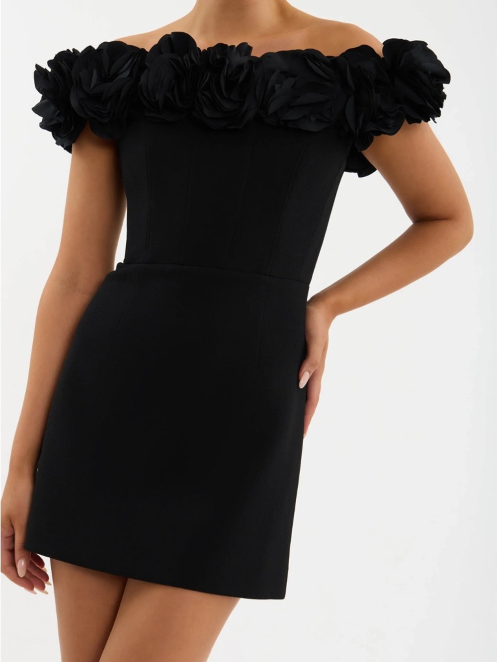 NWT Rebecca Vallance Odetta Black Off-Shoulder 3D Floral Appliqué Mini Dress